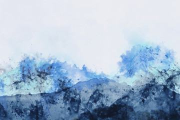 Abstract mountain ranges in blue shade,  digital watercolor painting