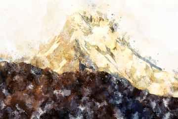 Abstract mountains with splash of ink,  digital watercolor painting