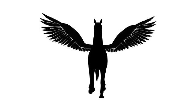 Black silhouette of a flying Pegasus. Alpha channel. Alpha matte. 4K.
