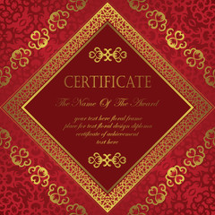 Fototapeta na wymiar Invitation with a gold frame on seamless background in red. Original design