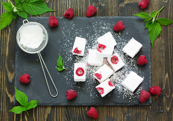 Homemade marshmallows with raspberry. Selective focus.