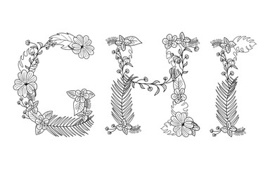 Tropical floral summer pattern hand drawn ornamental font set with palm beach leaves, flower. Letter G,H,I