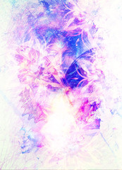 Fototapeta na wymiar Goddess Woman and butterfly in Cosmic space. Cosmic Space background. eye contact. Marble effect.