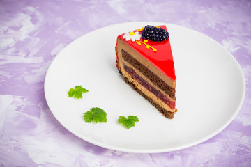 Chocolate cake on the rustic background. Shallow depth of field.