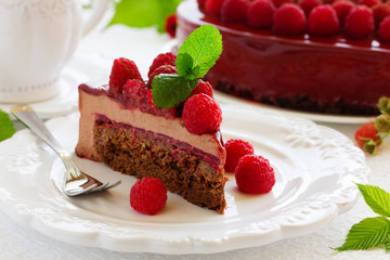 chocolate brownie cake with raspberries.