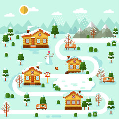 Flat design vector winter illustration of mountain village map. Included cartoon houses with icicles, rink, road, snowman, bench, birds feeder. Rest in the countryside.