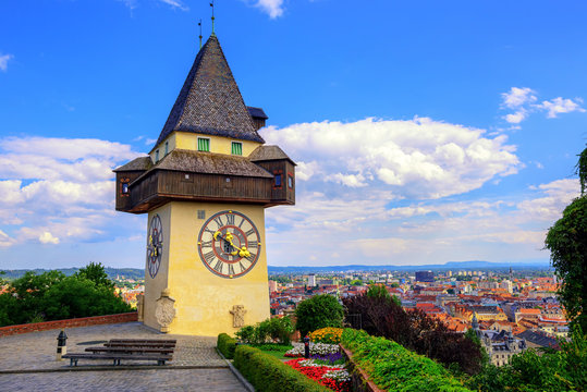 The historical Clock tower Uhrturm in Graz, Austria