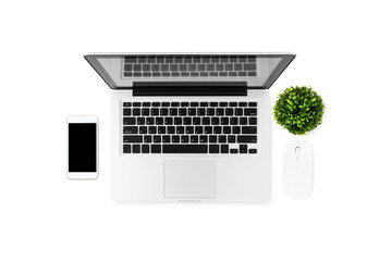 Laptop with wireless mouse and smartphone are isolated on white background. Top view, flat lay.