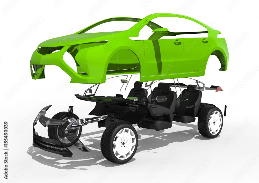 Poster car assembly / 3d render image representing a car in parts
