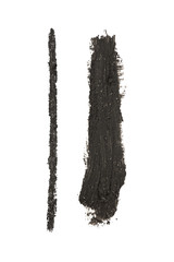 Dark grey color cosmetic eyeliner pencil strokes with glitter particles, beauty product sample isolated on white background