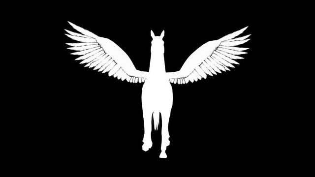 White silhouette of a flying Pegasus. Alpha channel. Alpha matte. 4K.