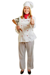 Frau als Köchin hält Daumen hoch