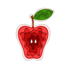 Paper art carving with layered cut out shape of red apple with leaf and seeds. Vector illustration in cut style. Fruit concept. For logo, gift cards, web design, invitations. Isolated on white.