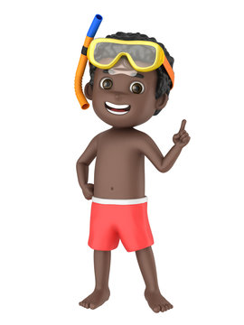 3d render of a kid wearing swimwear and goggles pointing up