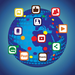 Global illustration of social media operations with colorful icons
