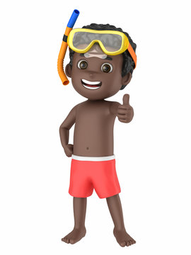 3d render of a kid wearing swimwear and goggles showing thumbs up sign