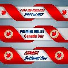 Set of web banners with texts and Canadian flag, for first of July, Canada national day, celebration; Vector illustration