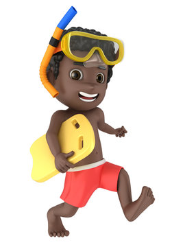 3d render of a kid wearing swimwear and goggles running with a floater