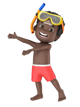 3d render of a kid wearing swimwear and goggles presenting something