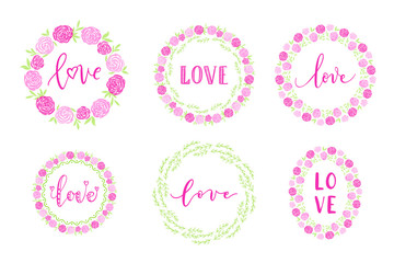 Handdrawn border, wreath, garland set with love text, flower for birthday and wedding greeting cards, posters. Vector icon.