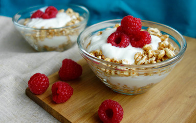 Healthy Breakfast Raspberry Yogurt And Spelt Flakes