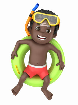 3d render of a kid wearing swimwear and goggles relaxing on top of a floater