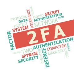 2FA word cloud, Two Factor Authentication. Cyber & Security concept.