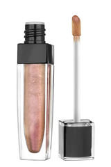Bronze red shiny color lip gloss with glitter particles in elegant glass bottle with black lid, open container and brush exposed, isolated on white background, clipping path included