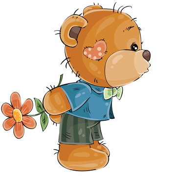 Vector illustration of a loving brown teddy bear boy hides behind a flower and is going to kiss someone. Print, template, design element