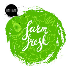 Farm fresh hand written phrase with fruits on stylized green rough circle.  Inscription ink farm fresh. Line icons of fruits and berries.