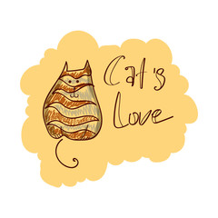 Vector naive illustration of a small stroked brown and grey cat augmented with a simple inscription. Design element, children goods and books. Funny themes.
