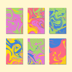 Retro 80s or 90s summer marble texture cards templates vector. Stone effect, oil liquid print or acrylic paint pattern background.