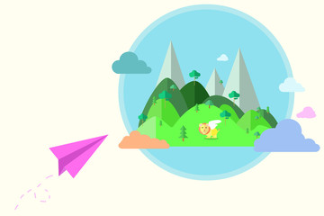 Imagination concept dreaming abstract in flat cartoon style with heaven, paper plane , tree , stars, plane, clouds , lion , mountains, vector illustration EPS10.