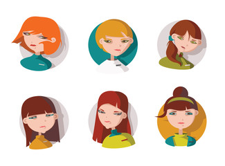Set with 6 lovely girls heads, dressed like shop assistant, manager or helpful staff in bright clothes and with smile on face. Vector hand drawn illustration with women characters in circles