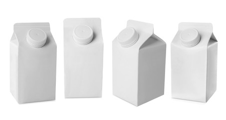 Different views of blank milk box on white background. Mockup for design