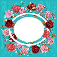 frame of roses on a wooden background