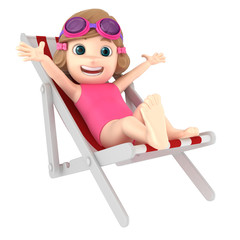3d render of a kid wearing swimsuit and goggles sitting on a parasol