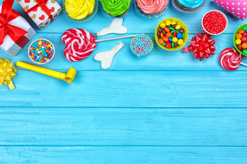 Bright birthday decor on color background