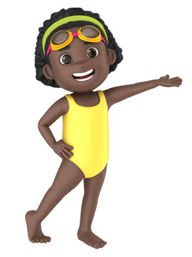 3d render of a kid wearing swimsuit and goggles presenting something