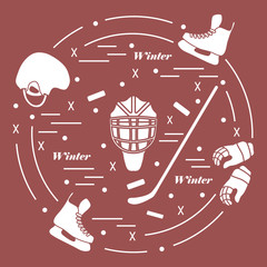 Vector illustration of various subjects for hockey. Including icons of helmet, gloves, skates, goalkeeper mask, hockey stick, puck.