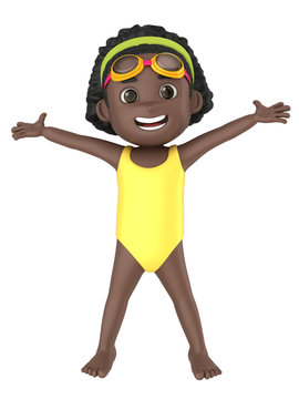 3d render of a kid wearing swimsuit and goggles arms wide open