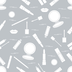 Seamless pattern of different lip make-up tools. Vector illustration of lipsticks, mirror, lip liner, lip gloss and other.