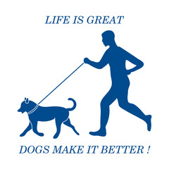 Naklejka premium Silhouette of man jogging with dog on leash.