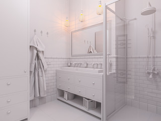 3d illustration of a design bathroom interior in classic Scandinavian style. Visualization of a bathroom without textures and materials in gray tones
