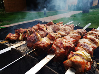 Marinated shashlik preparing on a barbecue grill