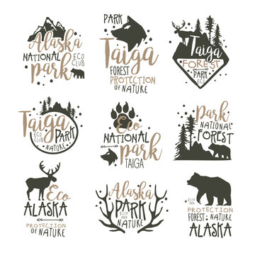 Alaska national park labels set. Forest protection hand drawn vector Illustrations