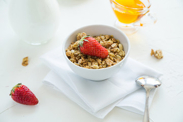 Granola with Strawberries Milk and Honey Breakfast Healthy Food