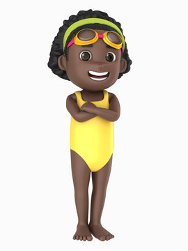 3d render of a kid wearing swimsuit and goggles
