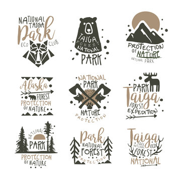 National park eco club labels set. Nature protection hand drawn vector Illustrations