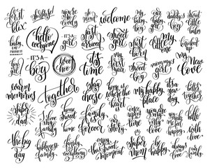 Fototapeta na wymiar set of 50 hand written lettering about family and baby born
